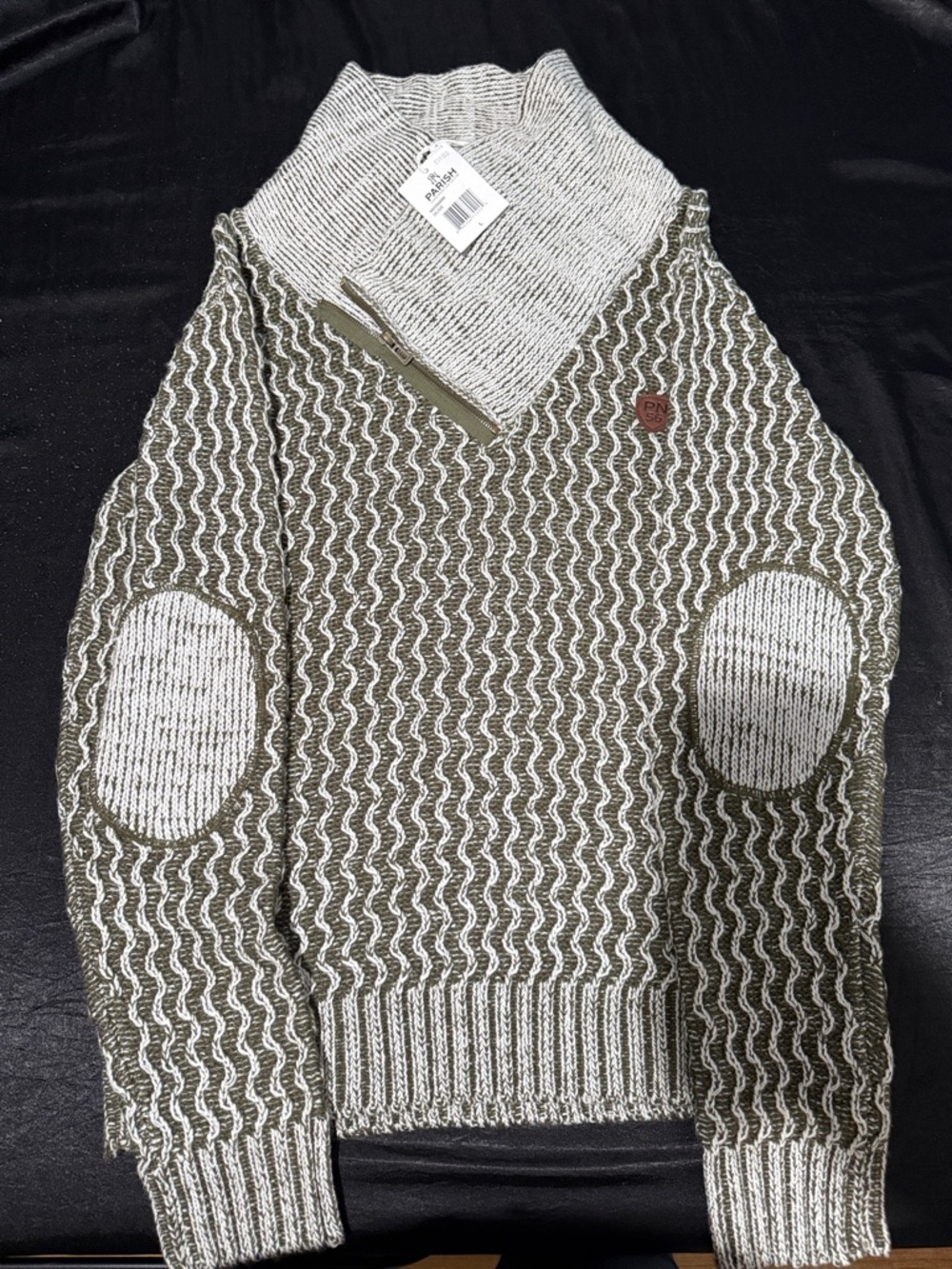 Men's Two-Tone Olive and Cream Shawl Collar Knit Sweater
